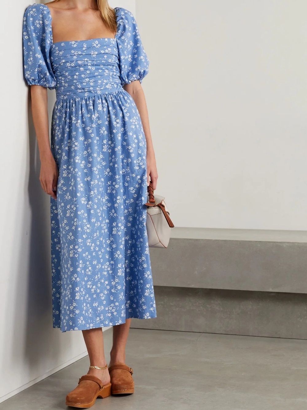 Reformation Rachelle ruched floral stretch cotton midi dress